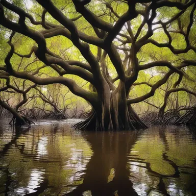 In the mystical realm of enchanted creatures and magic, the towering branches of the black mangrove created an ethereal forest.