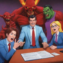 Vibrant and dynamic depiction of the main characters from 'Helluva Boss' animated series, engaging in their typical antics in their office in Hell.