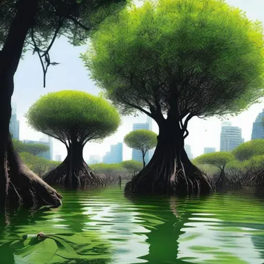 In the futuristic world of the science fiction novel, genetically modified black mangroves are used to purify the toxic air of the polluted city.