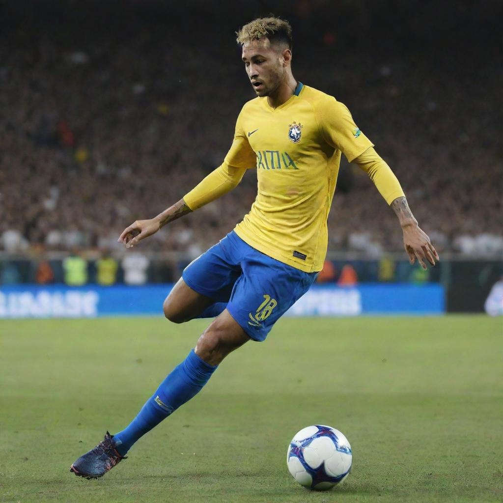 Neymar Jr, the famous Brazilian footballer, in the midst of a powerful kick, poised with precision and determination. The ball is mid-air, leaving a trail of motion.