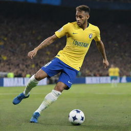 Neymar Jr, the famous Brazilian footballer, in the midst of a powerful kick, poised with precision and determination. The ball is mid-air, leaving a trail of motion.