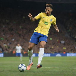 Neymar Jr, the famous Brazilian footballer, in the midst of a powerful kick, poised with precision and determination. The ball is mid-air, leaving a trail of motion.