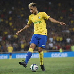 Neymar Jr, the famous Brazilian footballer, in the midst of a powerful kick, poised with precision and determination. The ball is mid-air, leaving a trail of motion.