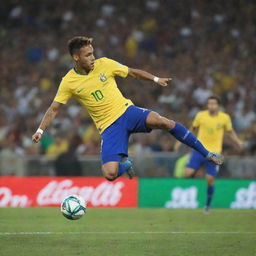 Neymar Jr., the renowned Brazilian footballer, in the act of masterfully kicking the ball. The scene captures the raw energy of the sport, with the football caught mid-flight.