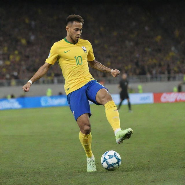 Neymar Jr., the renowned Brazilian footballer, in the act of masterfully kicking the ball. The scene captures the raw energy of the sport, with the football caught mid-flight.