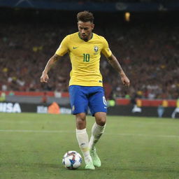 Neymar Jr., the renowned Brazilian footballer, in the act of masterfully kicking the ball. The scene captures the raw energy of the sport, with the football caught mid-flight.