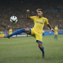 Neymar Jr., the renowned Brazilian footballer, in the act of masterfully kicking the ball. The scene captures the raw energy of the sport, with the football caught mid-flight.