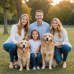 Happy, smiling family posing for a photo in a beautiful park setting at sunset. Parents with two children, one boy and one girl, with their golden retriever.