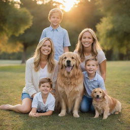 Happy, smiling family posing for a photo in a beautiful park setting at sunset. Parents with two children, one boy and one girl, with their golden retriever.