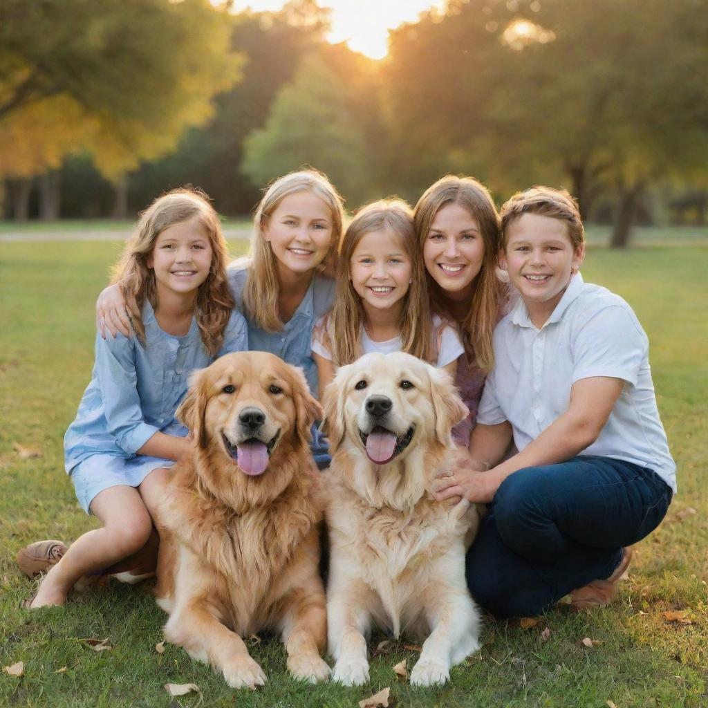 Happy, smiling family posing for a photo in a beautiful park setting at sunset. Parents with two children, one boy and one girl, with their golden retriever.