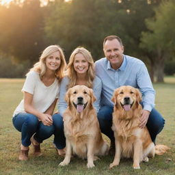 Happy, smiling family posing for a photo in a beautiful park setting at sunset. Parents with two children, one boy and one girl, with their golden retriever.