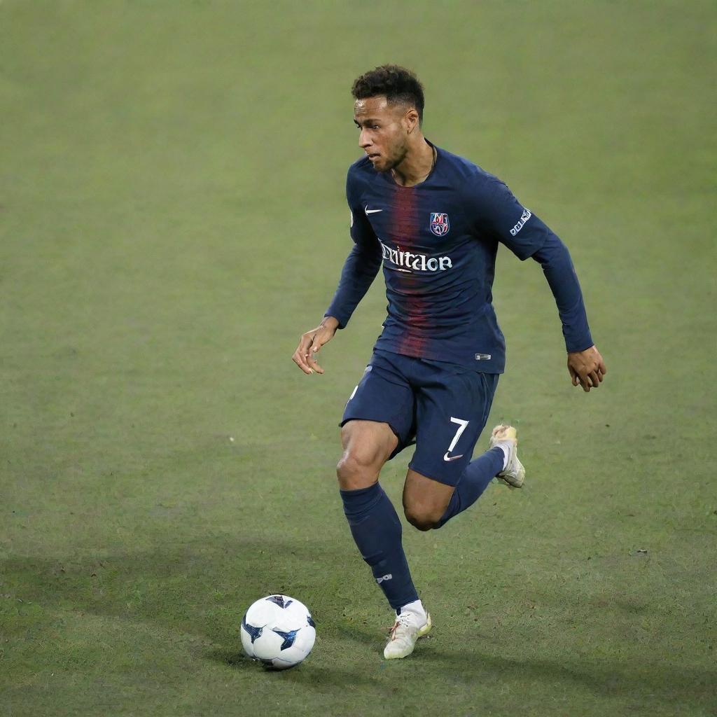 Neymar Jr. captured in the middle of a fierce soccer game, his foot making contact with the ball with focused intensity, sending it soaring across the field.