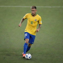 Neymar Jr. captured in the middle of a fierce soccer game, his foot making contact with the ball with focused intensity, sending it soaring across the field.