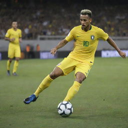 Neymar Jr. captured in the middle of a fierce soccer game, his foot making contact with the ball with focused intensity, sending it soaring across the field.