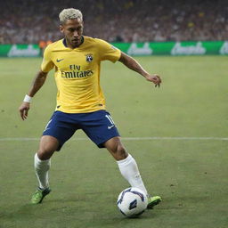 Neymar Jr. captured in the middle of a fierce soccer game, his foot making contact with the ball with focused intensity, sending it soaring across the field.