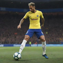 Virtual representation of Neymar Jr., the Brazilian football star, in the digital world of eFootball. The scene depicts him skillfully kicking the ball, capturing the essence of the game.