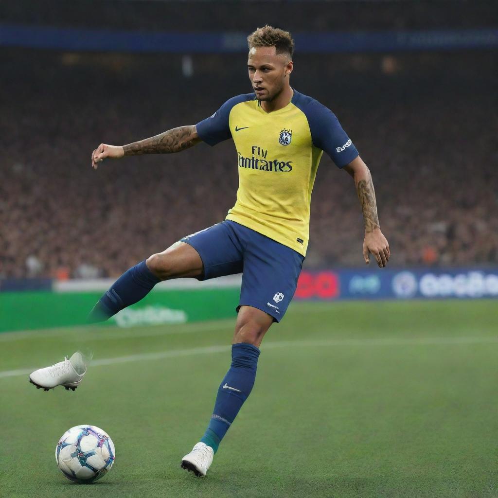 Virtual representation of Neymar Jr., the Brazilian football star, in the digital world of eFootball. The scene depicts him skillfully kicking the ball, capturing the essence of the game.