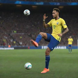 Virtual representation of Neymar Jr., the Brazilian football star, in the digital world of eFootball. The scene depicts him skillfully kicking the ball, capturing the essence of the game.