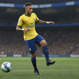 Virtual representation of Neymar Jr., the Brazilian football star, in the digital world of eFootball. The scene depicts him skillfully kicking the ball, capturing the essence of the game.