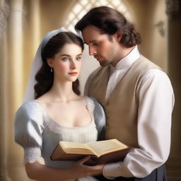 A high-quality digital art image that encapsulates a romantic scene between Esther, the maid, and the man of the manor