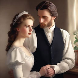 A high-quality digital art image that encapsulates a romantic scene between Esther, the maid, and the man of the manor