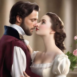 A high-quality digital art image that encapsulates a romantic scene between Esther, the maid, and the man of the manor