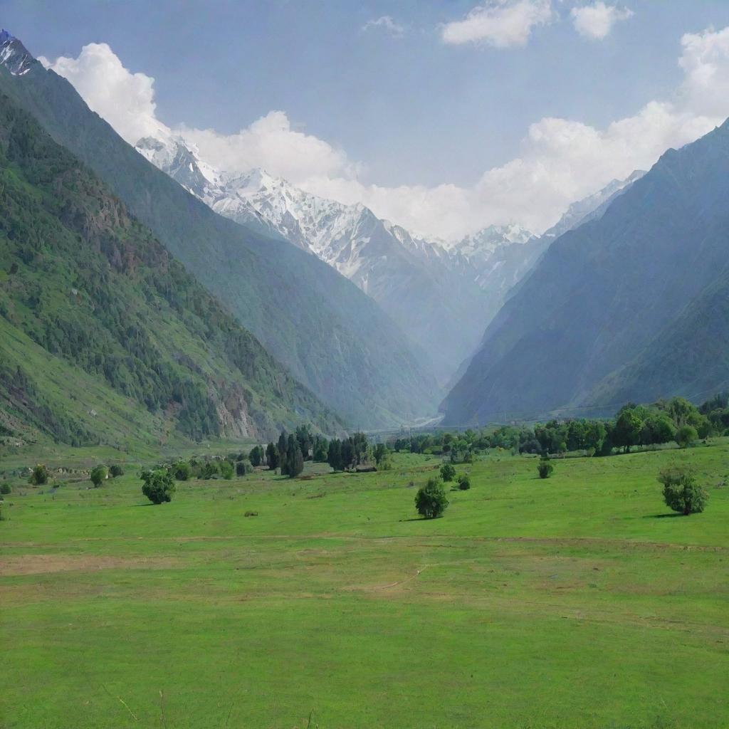 A picturesque landscape of Pakistan, showcasing natural beauty with its lush green meadows and towering mountain ranges