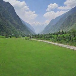 A picturesque landscape of Pakistan, showcasing natural beauty with its lush green meadows and towering mountain ranges