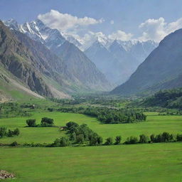 A picturesque landscape of Pakistan, showcasing natural beauty with its lush green meadows and towering mountain ranges