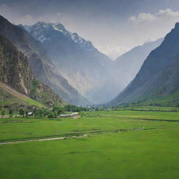 A picturesque landscape of Pakistan, showcasing natural beauty with its lush green meadows and towering mountain ranges