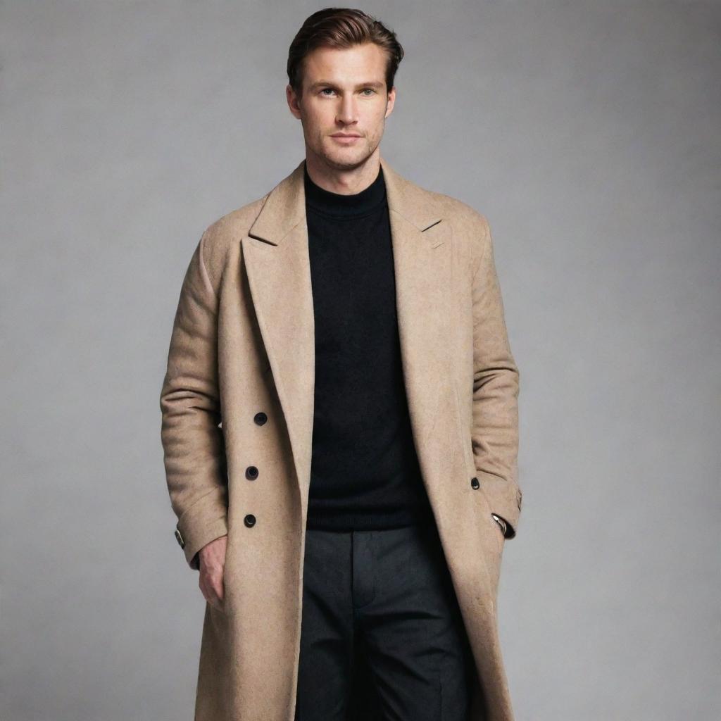 A man wearing a black shirt, black dress pants, light grey sweater, and a brown coat draped over it.