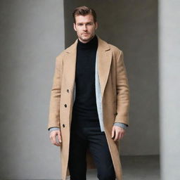 A man wearing a black shirt, black dress pants, light grey sweater, and a brown coat draped over it.