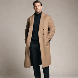 A man wearing a black shirt, black dress pants, light grey sweater, and a brown coat draped over it.