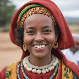 Close-up of a smiling Ethiopian woman, emphasizing her joy and the cultural uniqueness. She is adorned with traditional Ethiopian attire.