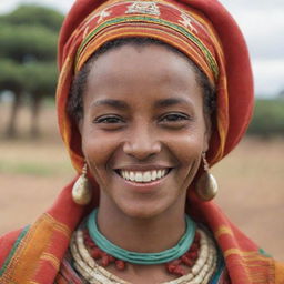 Close-up of a smiling Ethiopian woman, emphasizing her joy and the cultural uniqueness. She is adorned with traditional Ethiopian attire.