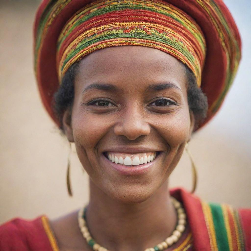 Close-up of a smiling Ethiopian woman, emphasizing her joy and the cultural uniqueness. She is adorned with traditional Ethiopian attire.