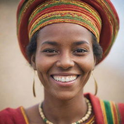 Close-up of a smiling Ethiopian woman, emphasizing her joy and the cultural uniqueness. She is adorned with traditional Ethiopian attire.