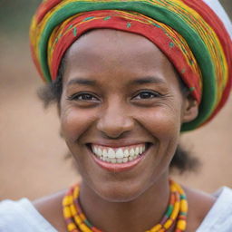 Close-up of a smiling Ethiopian woman, emphasizing her joy and the cultural uniqueness. She is adorned with traditional Ethiopian attire.