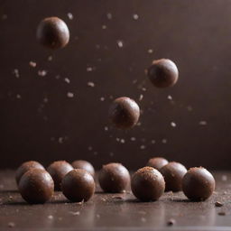 Delicate chocolate coconut balls falling like rain against a serene backdrop