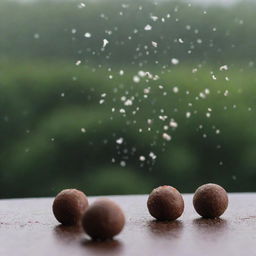 Delicate chocolate coconut balls falling like rain against a serene backdrop