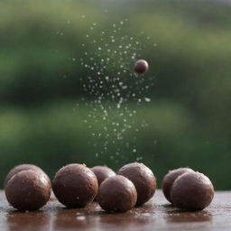 Delicate chocolate coconut balls falling like rain against a serene backdrop