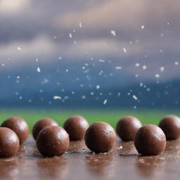 Delicate chocolate coconut balls falling like rain against a serene backdrop