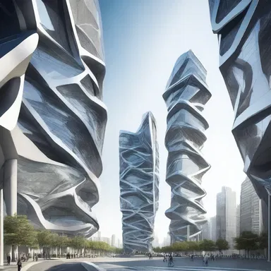 In the futuristic cityscape, the buildings were constructed with interlaced beams and geometric patterns, giving a sense of advanced technology.