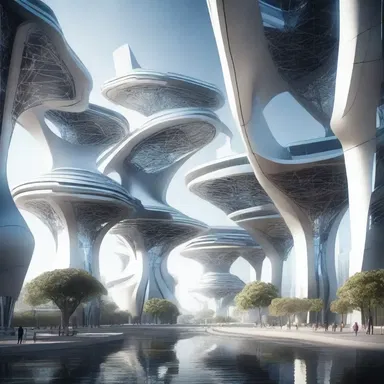 In the futuristic cityscape, the buildings were constructed with interlaced beams and geometric patterns, giving a sense of advanced technology.