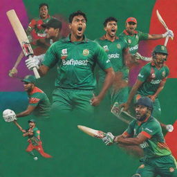 A vivid poster for the Bangladesh Premier League 2024, showcasing an energized crowd, cricket players in action, and iconic symbols of Bangladesh.