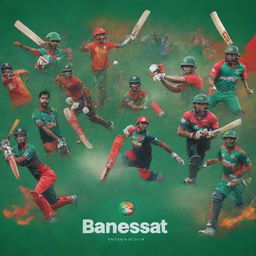 A vivid poster for the Bangladesh Premier League 2024, showcasing an energized crowd, cricket players in action, and iconic symbols of Bangladesh.