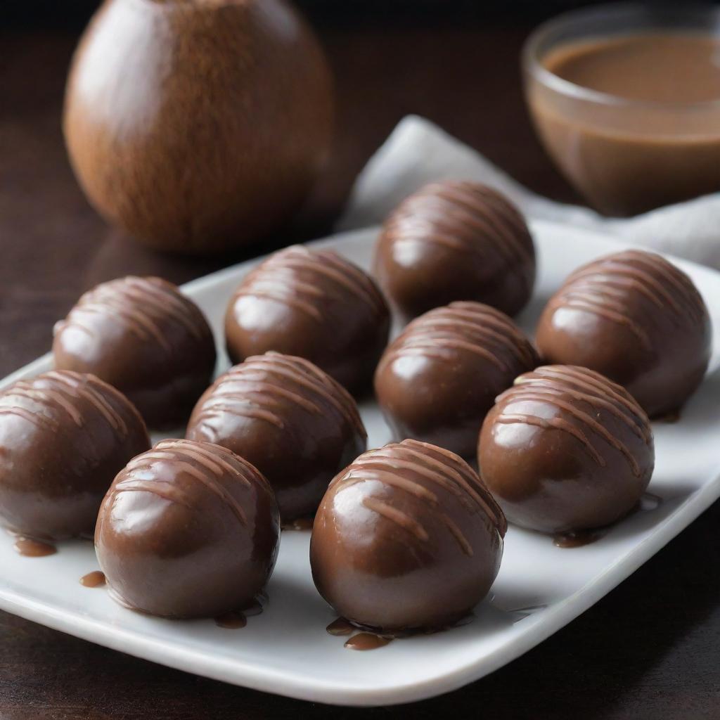 Delicious coconut balls with drizzles of melted chocolate giving an appearance of rain.