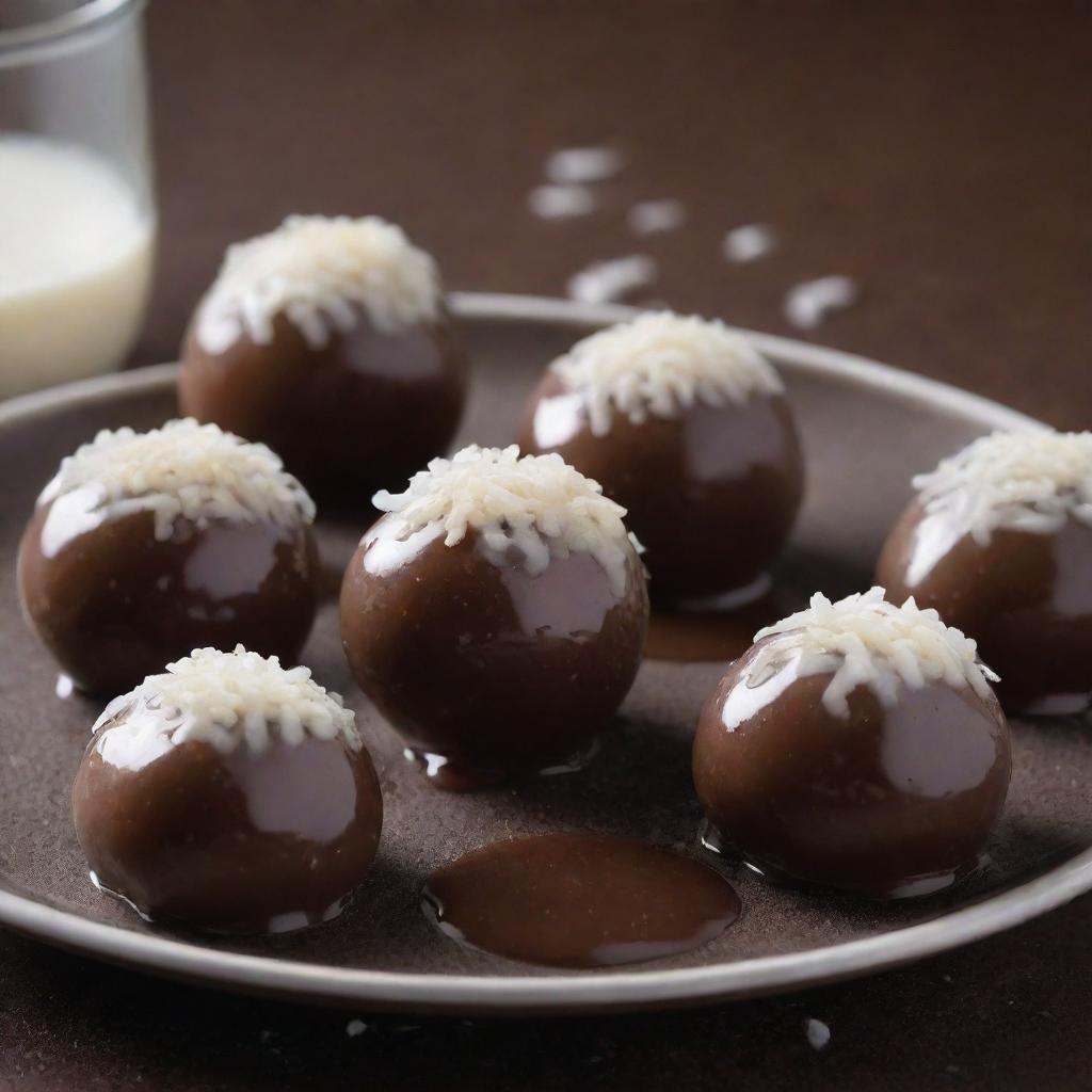 Delicious coconut balls with drizzles of melted chocolate giving an appearance of rain.