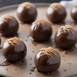 Delicious coconut balls with drizzles of melted chocolate giving an appearance of rain.