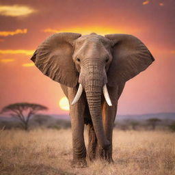 A majestic elephant set against the backdrop of a vibrant sunset in the African savannah, its great tusks shining in the evening light.